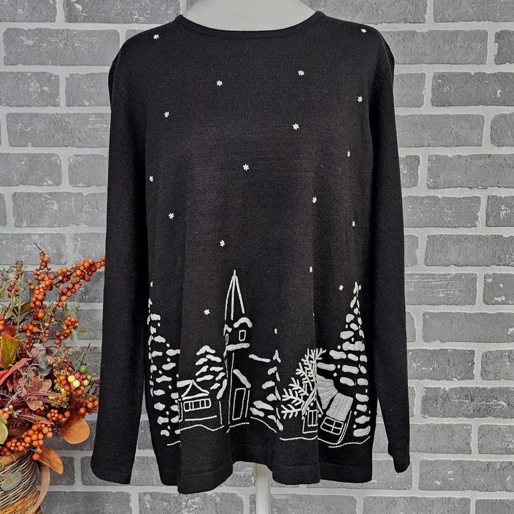 C.J. Banks 1X Black Winter Village Sweater White Knit‎ Scene Acrylic Pullover